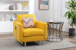 Victoria Yellow Linen Fabric Armchair with Metal Legs; Side Pockets; and Pillow