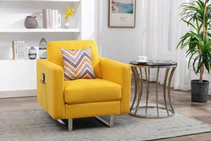 Victoria Yellow Linen Fabric Armchair with Metal Legs; Side Pockets; and Pillow