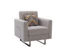 Victoria Beige Linen Fabric Armchair with Metal Legs; Side Pockets; and Pillow