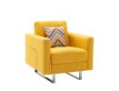 Victoria Yellow Linen Fabric Armchair with Metal Legs; Side Pockets; and Pillow