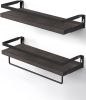 Floating bathroom shelf with towel rail; bathroom/living/kitchen/bedroom wall shelf set of 2; light brown; dark brown; black.